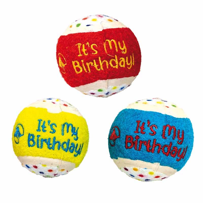 Tennis hondenbal - set van 3 met gekleurde stippen en 'It's My Birthday'