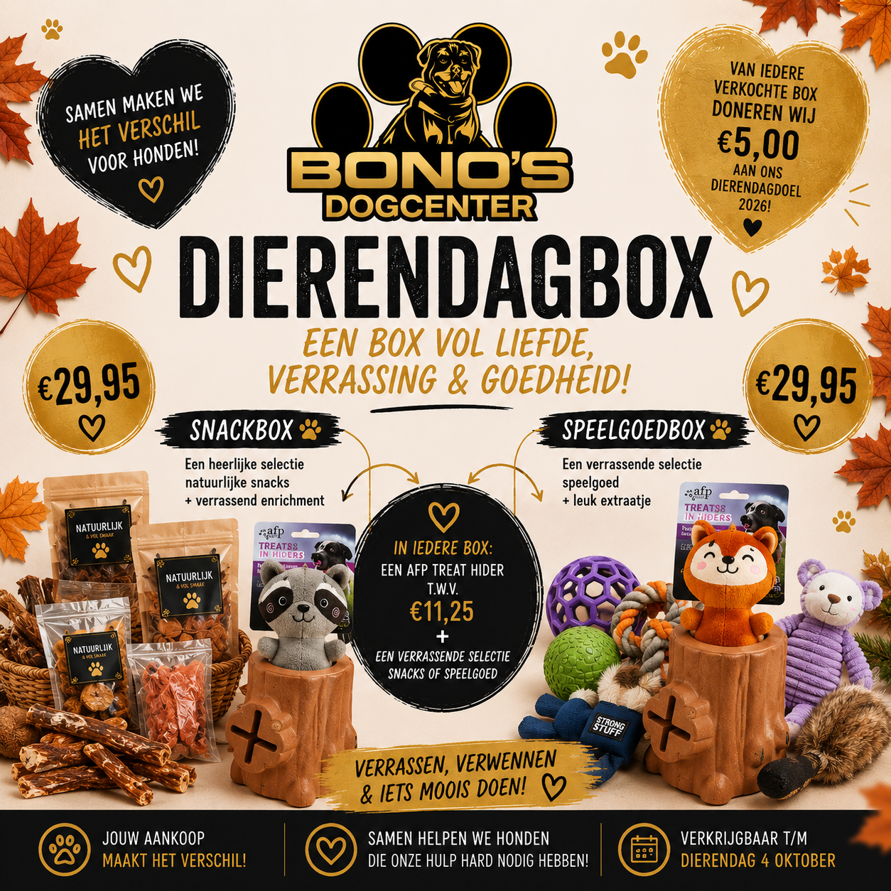 Dierendagbox - van elke verkochte box doneren wij €5,- aan een goed hond gerelateerd doel.