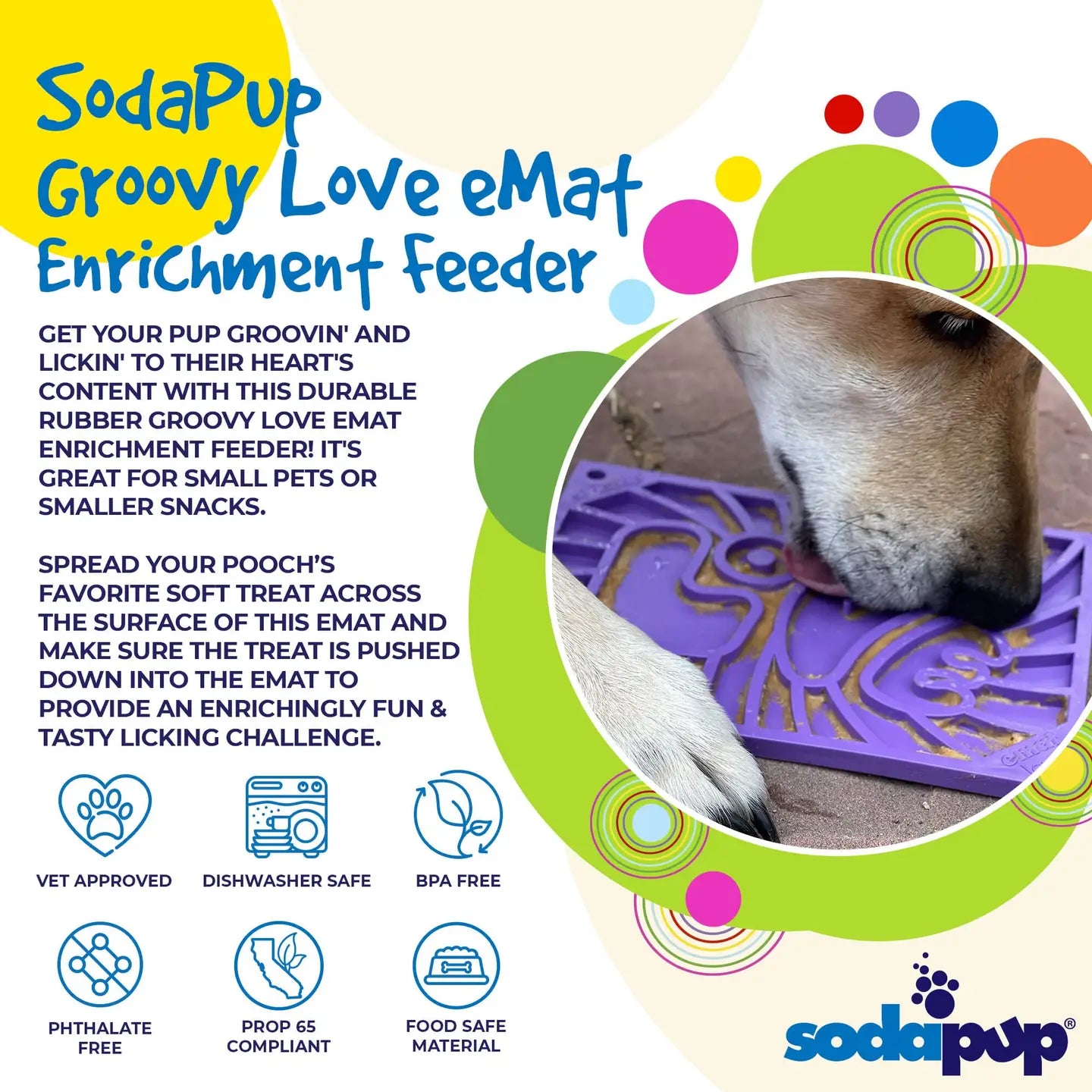 Groovy Love eMat - Kleine verrijkingslikmat | Retro Peace & Love-ontwerp | SodaPup