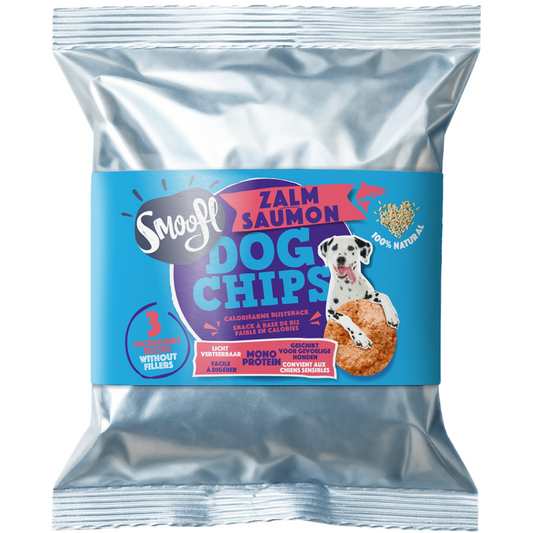Smoofl Dog Chips – Zalm Crunchy gepofte rijstsnacks.