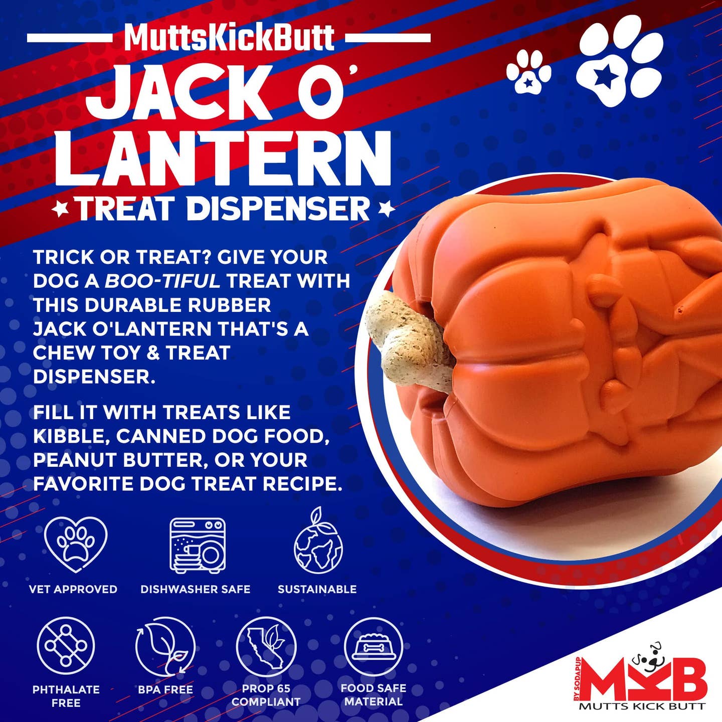 🎃 SodaPup Jack O’ Lantern Treat Dispenser – Large