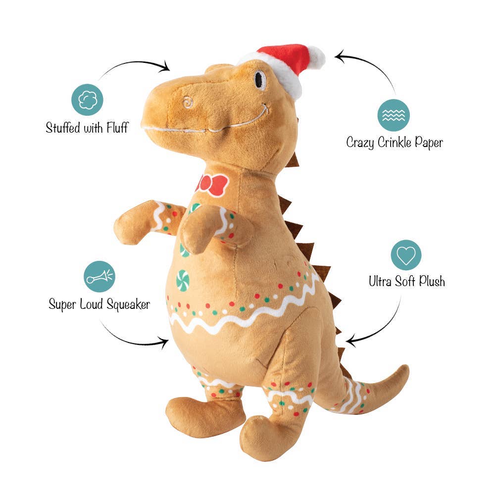 🎄 Kerst Gingerbread Dino – Pluche hondenspeelgoed