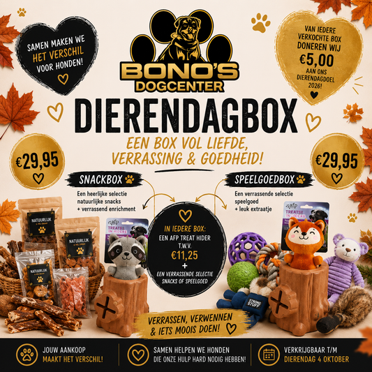 Dierendagbox - van elke verkochte box doneren wij €5,- aan een goed hond gerelateerd doel.